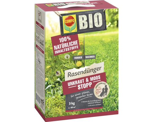 Compo Bio Rasendünger Unkraut und Moos Stopp Packung mit Inhaltsstoffen zur Rasenpflege