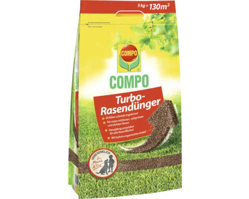 Verpackung Turbo Rasendünger von Compo, 5 Kilogramm für 130 Quadratmeter Rasenfläche