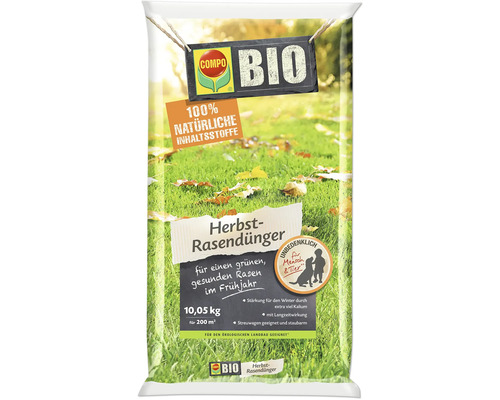 Packung Compo Bio Herbstrasendünger mit 10,05 Kilogramm Inhalt für 200 Quadratmeter