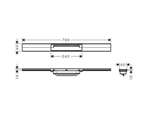 Technische Zeichnung einer Duschrinne mit Maßangaben