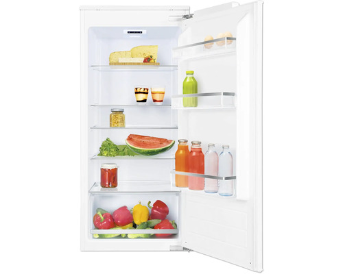 Kühlschrank Amica EVKSX 352 231 BxHxT 56 x 122 x 55 cm Kühlteil 197 l Geöffneter Kühlschrank gefüllt mit Lebensmitteln wie Käse, Getränken und Gemüse