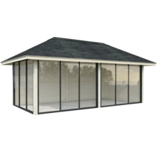 Holzgartenhaus mit Glaswänden und Dach
