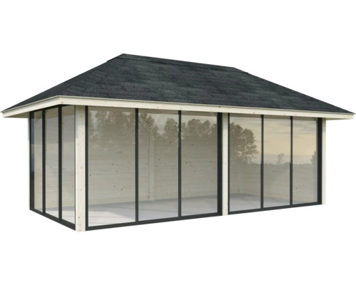 Holzgartenhaus mit Glaswänden und Dach