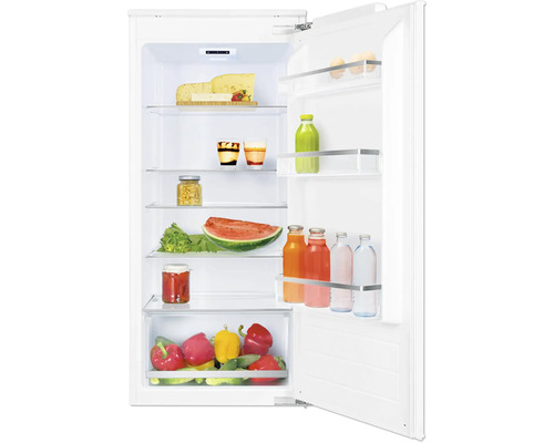 Kühlschrank Amica EVKSX 352 241 BxHxT 56 x 122 x 55 cm Kühlteil 197 l Geöffneter Kühlschrank mit diversen Lebensmitteln wie Käse, Getränken und Gemüse