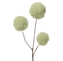 Dekozweig mit drei runden, flauschigen Blütenköpfen.
