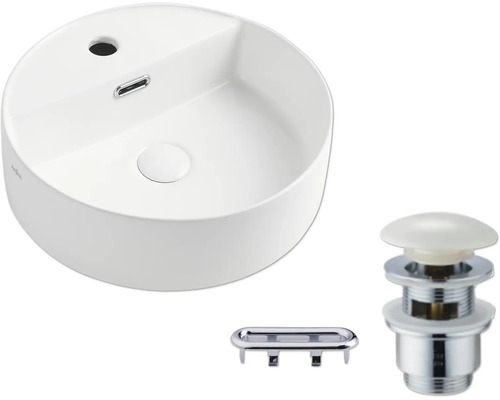 Aufsatzwaschbecken aus Keramik mit Ablaufgarnitur und Überlauf