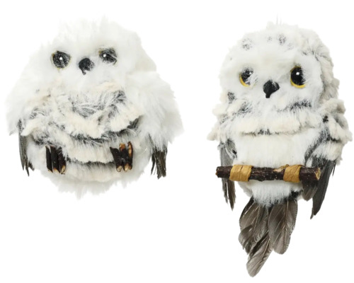 Weihnachtsbaumschmuck Eule Kunstpelz grau Zwei dekorative, gefiederte Eulenfiguren