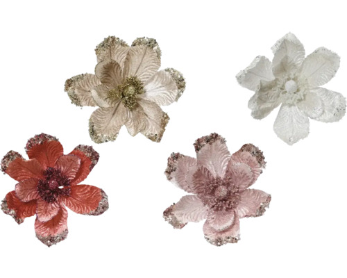 Weihnachtsbaumschmuck Magnolie Kunststoff zufällige Farbauswahl Dekorative Kunstblumen mit glitzernden Akzenten