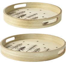 Zwei runde Holztabletts mit Griffen und Tannenbaum-Motiv