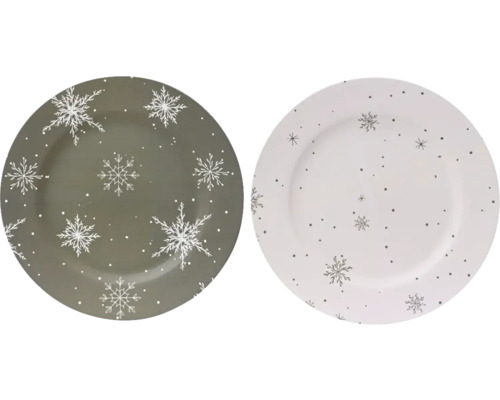 Dekoteller Schneeflocken Kunststoff Ø 33 cm H 1,5 cm grau weiß zufällige Farbauswahl Zwei Essteller mit Schneeflockenmuster