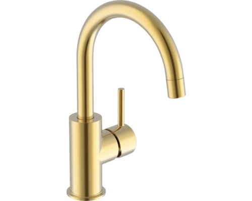 AVITAL Badarmatur BONNY eco für Waschtisch, mit "CoolStart" Kartusche, "QuickFix" Schnellbefestigung, auswechselbarer Wassersparmischdüse (max. 5,7 l/min), 450mm Anschlussschläuchen und "Push-Open" Ablaufventil, Größe: L, Farbe: gold matt