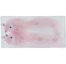 Zwei dekorative, rosafarbene Vögel mit Federn in einer transparenten Verpackung.