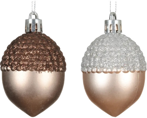 Zwei glitzernde Eichel-Christbaumkugeln mit Aufhängern