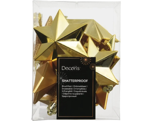 Verpackung goldfarbener, bruchsicherer Weihnachtsbaumspitzen in Sternform