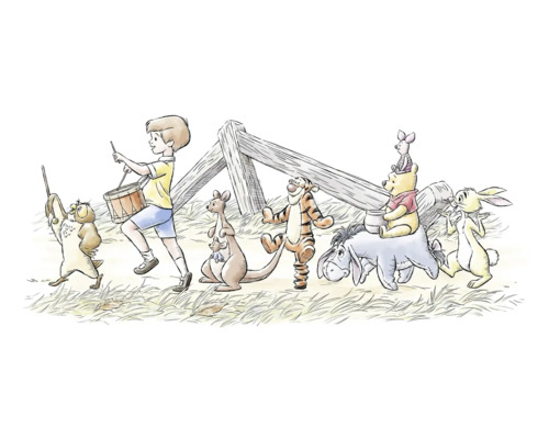 Fototapete Vlies DX2-172 Disney Winnie Pooh Walk Along 2-tlg. 100 x 250 cm Illustration von Christopher Robin, Winnie Puuh, Ferkel, I-Aah, Tigger, Känga, Klein-Ruh und Eule beim Marschieren
