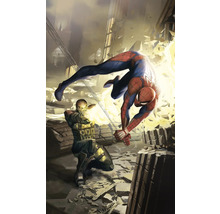 Spider-Man weicht einem Gegner in einer zerstörten Umgebung aus.