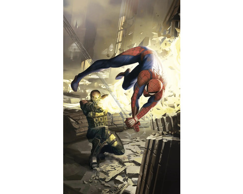 Fototapete Vlies DX3-188 Marvel Spider-Man Dodge 3-tlg. 250 x 150 cm Spider-Man weicht einem Gegner in einer zerstörten Umgebung aus.