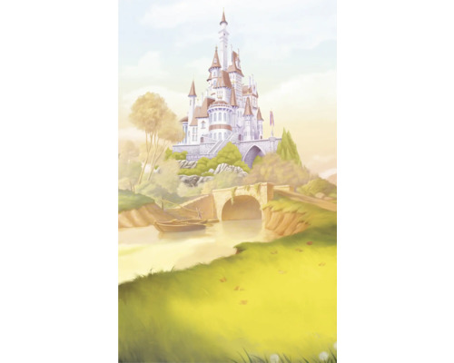 Fototapete Vlies DX3-227 Disney Princess Belle Castle 3-tlg. 250 x 150 cm Illustration eines Schlosses auf einem Hügel mit einem Fluss und einer Brücke
