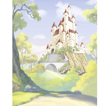 Illustration eines Schlosses auf einem Hügel mit Brücke