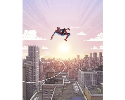 Fototapete Vlies DX4-209 Marvel Spider-Man Swinging 4-tlg. 250 x 200 cm Comicbild von Spider-Man, der vor einer Stadtsilhouette schwebt.