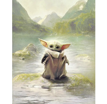 Gemälde von Baby Yoda auf einem Felsen im Wasser vor Berglandschaft.