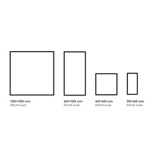 Darstellung verschiedener Fliesengrößen: 120x120 cm, 60x120 cm, 60x60 cm und 30x60 cm, jeweils R10/B matt.