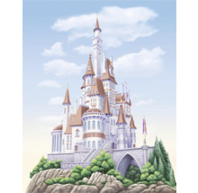 Illustration eines Schlosses auf einem Hügel mit Bäumen und einem Steinbogen