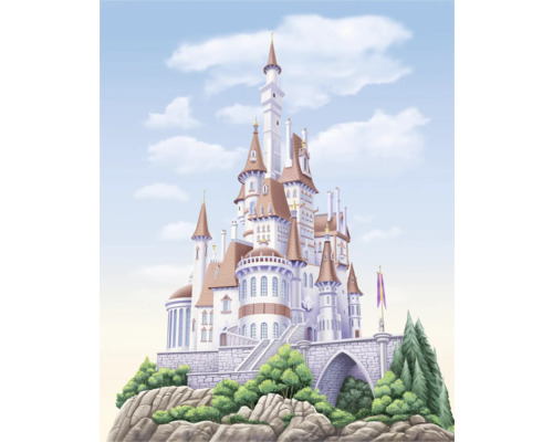 Fototapete Vlies DX4-229 Disney Princess Belle Castle 4-tlg. 250 x 200 cm Illustration eines Schlosses auf einem Hügel mit Bäumen und einem Steinbogen
