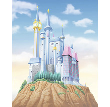 Illustration eines Schlosses auf einem Hügel mit Türmen und einer Turmuhr