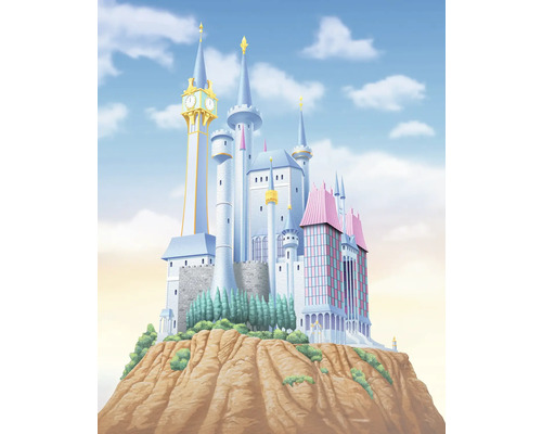 Fototapete Vlies DX4-233 Disney Princess Cinderella Ca 4-tlg. 250 x 200 cm Illustration eines Schlosses auf einem Hügel mit Türmen und einer Turmuhr