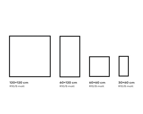 Abbildung verschiedener Fliesengrößen: 120 mal 120 cm, 60 mal 120 cm, 60 mal 60 cm und 30 mal 60 cm, R10 Rutschhemmung, matte Oberfläche