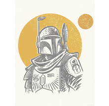 Illustration von Boba Fett mit Helm und Rüstung vor gelbem Hintergrund
