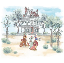 Illustration einer Hundefamilie vor einem Haus