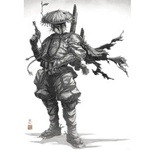 Illustration einer Kriegerfigur mit Hut und Waffen