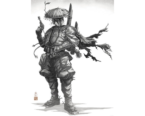 Illustration einer Kriegerfigur mit Hut und Waffen