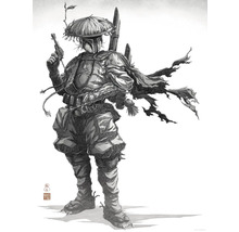 Illustration einer Person in einer futuristischen Rüstung mit einem asiatischen Hut.