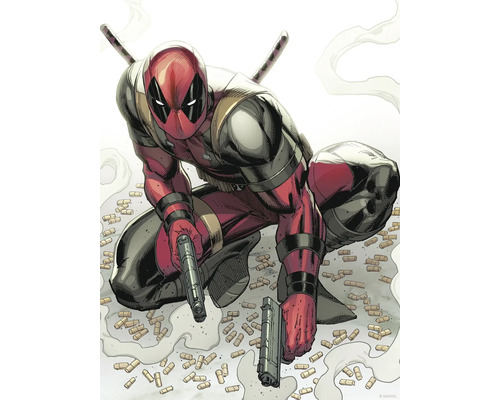 Illustration von Deadpool mit Waffen und Munition