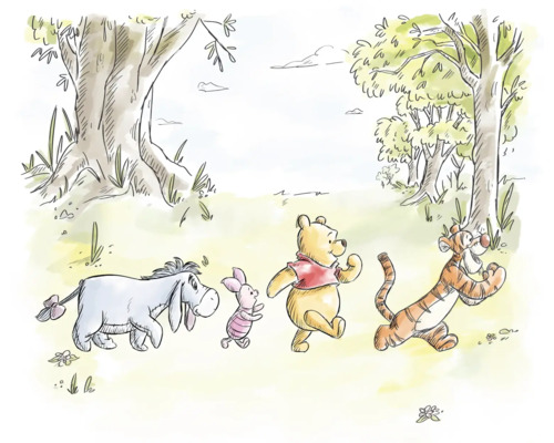 Fototapete Vlies DX6-228 Disney Winnie Pooh Walk Toget 6-tlg. 250 x 300 cm Illustration von Winnie Puuh, Ferkel, Tigger und I-Aah im Wald