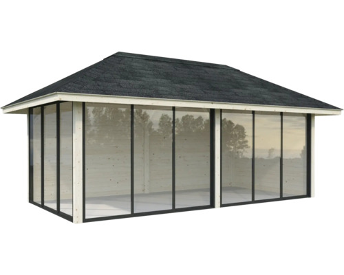 Holz Gartenhaus mit Glasfront und Bitumendach