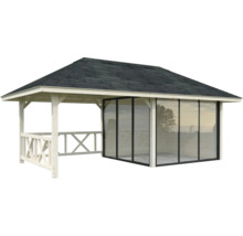 Holzpavillon mit Schindeldach und Glaswand