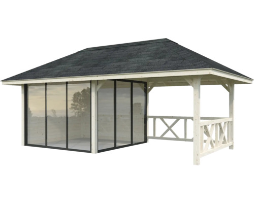Holzpavillon mit geschlossenem Seitenbereich und Satteldach