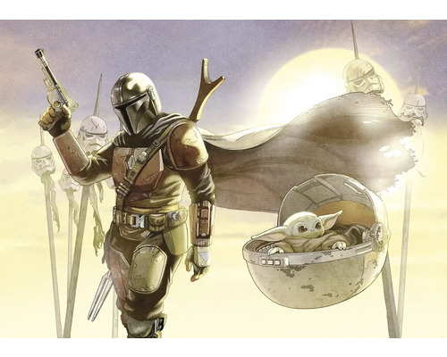 Fototapete Vlies DX7-182 Star Wars Mandalorian Grogu M 7-tlg. 250 x 350 cm Illustration von Mandalorianer und Grogu mit Sturmtruppen-Helmen im Hintergrund