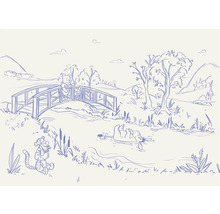 Illustration mit Winnie Puuh, Ferkel, I-Aah und Tigger in einer natürlichen Umgebung mit Bäumen, Hügeln und einem Fluss