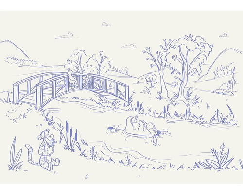 Fototapete Vlies DX7-235 Disney Winnie Pooh Blue Ink 7-tlg. 250 x 350 cm Illustration mit Winnie Puuh, Ferkel, I-Aah und Tigger in einer natürlichen Umgebung mit Bäumen, Hügeln und einem Fluss