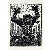 Schwarzer Panther Linolschnitt Kunstwerk mit Stadtbild im Hintergrund