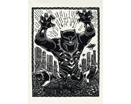 Schwarzer Panther Linolschnitt Kunstwerk mit Stadtbild im Hintergrund