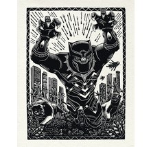Schwarz-Weiß-Illustration von Black Panther vor dem Hintergrund von Gebäuden, Pflanzen und zwei Panthern