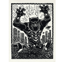 Illustration von Black Panther mit Stadtbild und Panthern