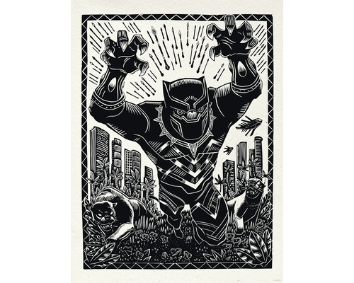 Illustration von Black Panther mit Stadtbild und Panthern