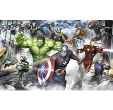 Illustration der Avengers mit Hulk, Captain America, Iron Man, Thor, Black Widow, Hawkeye, Black Panther, Vision, War Machine, Ant-Man und Falcon vor Hochhäusern